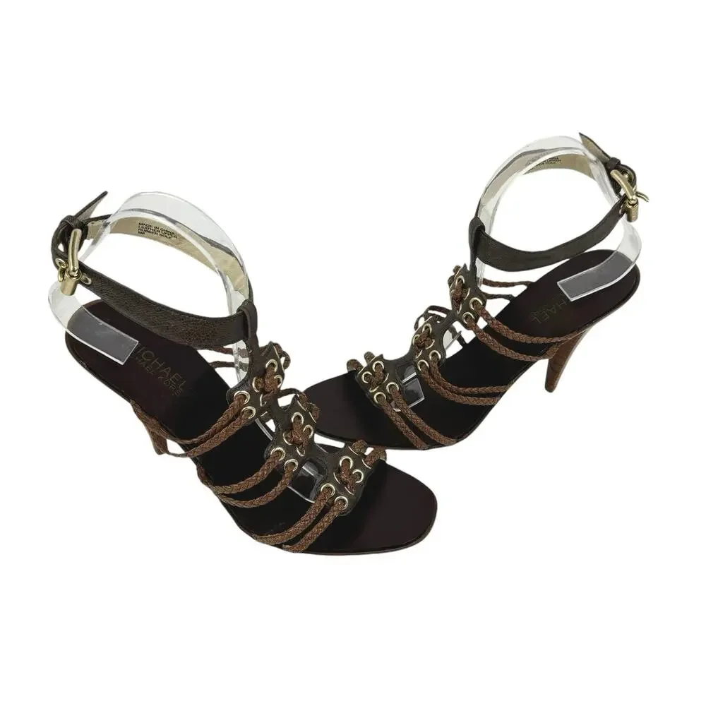 MICHAEL Michael Kors Dark Brown Leather Braided Strap Cone Heel Sandals